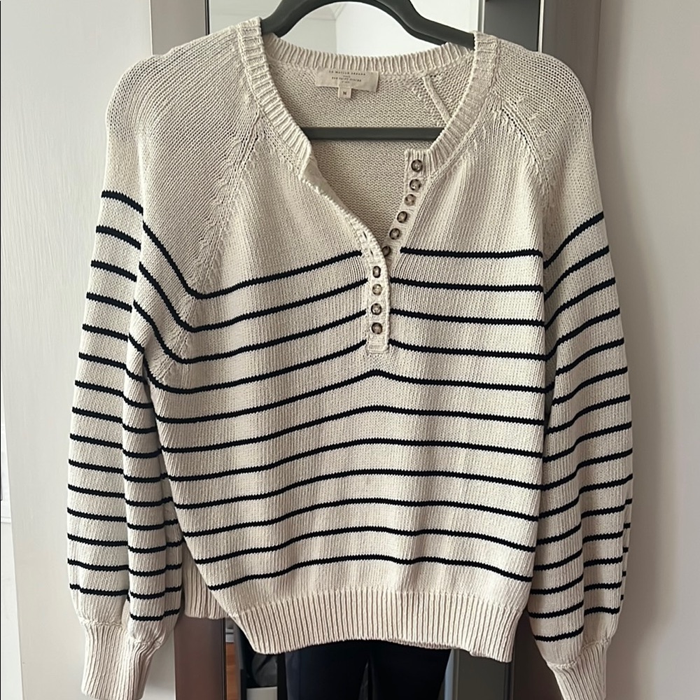 Sezane Cream and Black Striped V-Neck Sweater
